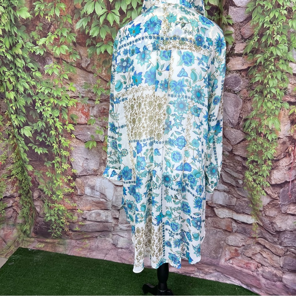 ROSE + OLIVE Blue and White Floral Boho Chiffon Longline Tunic/Dress, M - Picture 10 of 14